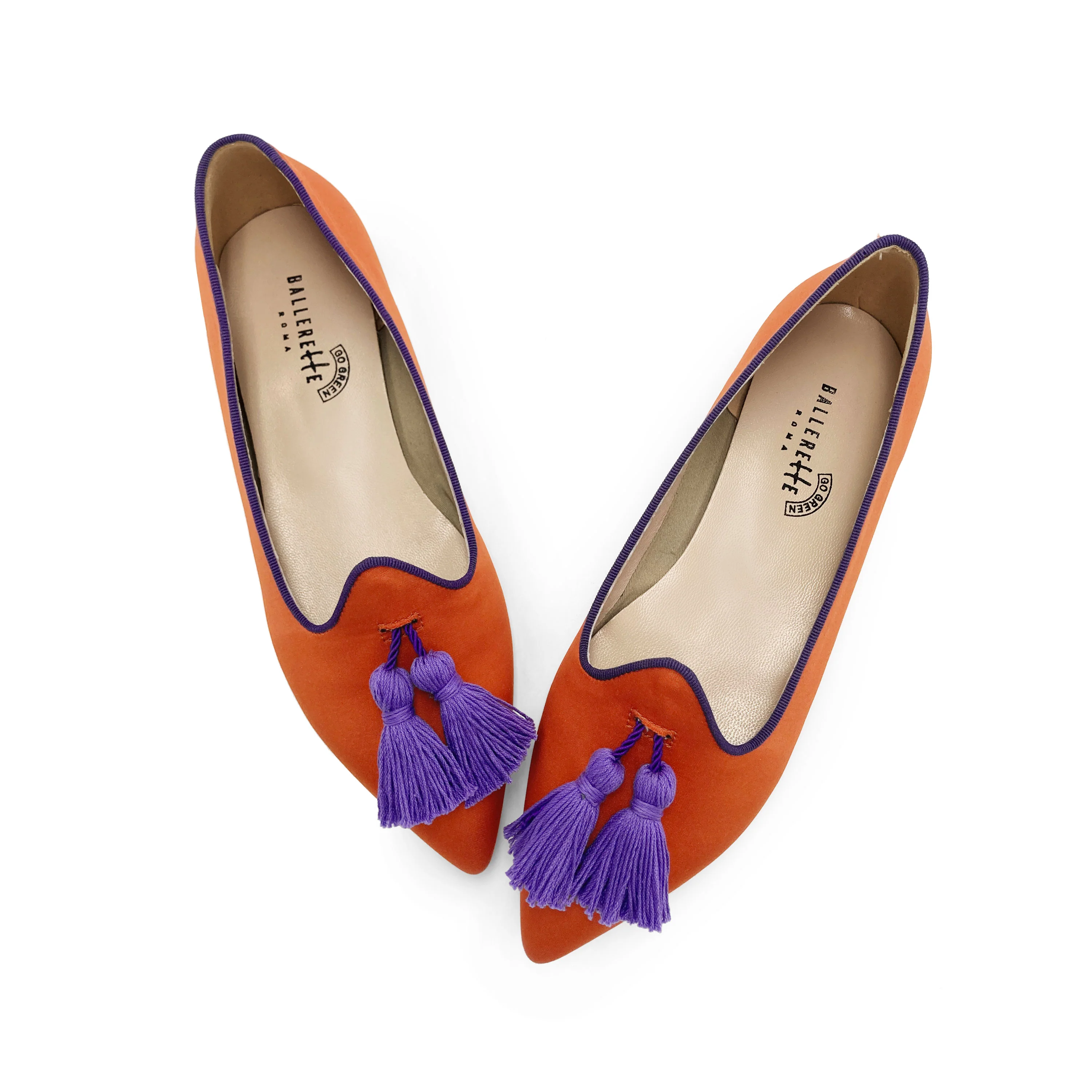 TT Go Green collection - women's orange eco-friendly satin moccasins with purple tassels - Image 2