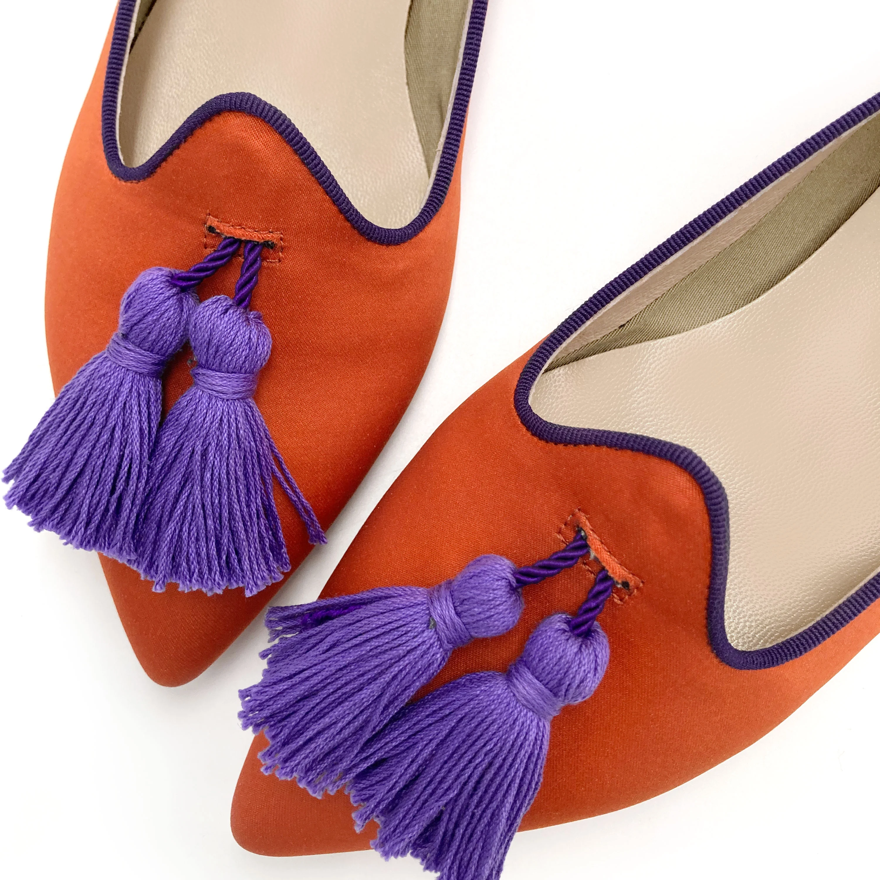 TT Go Green collection - women's orange eco-friendly satin moccasins with purple tassels - Image 3