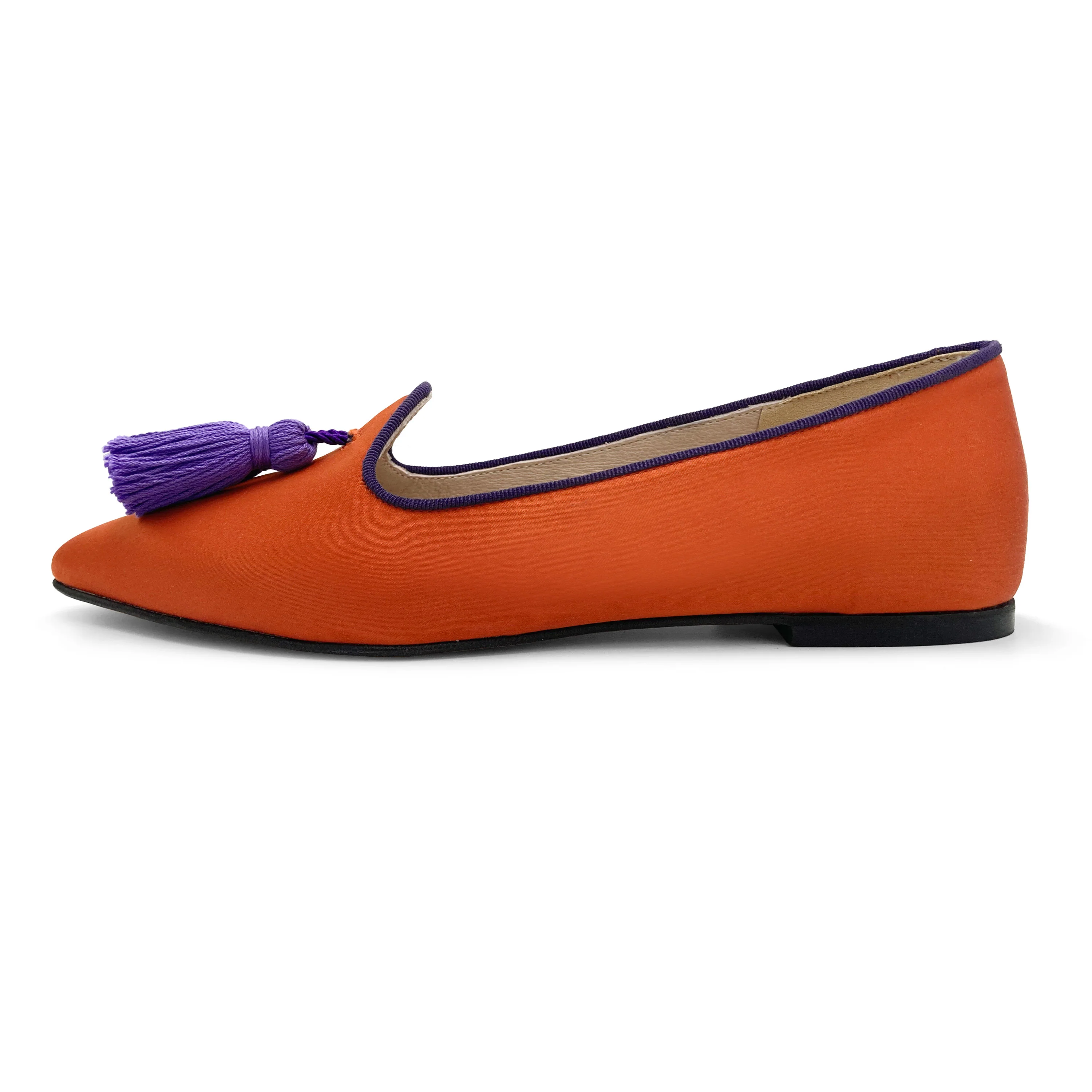 TT Go Green collection - women's orange eco-friendly satin moccasins with purple tassels - Image 4