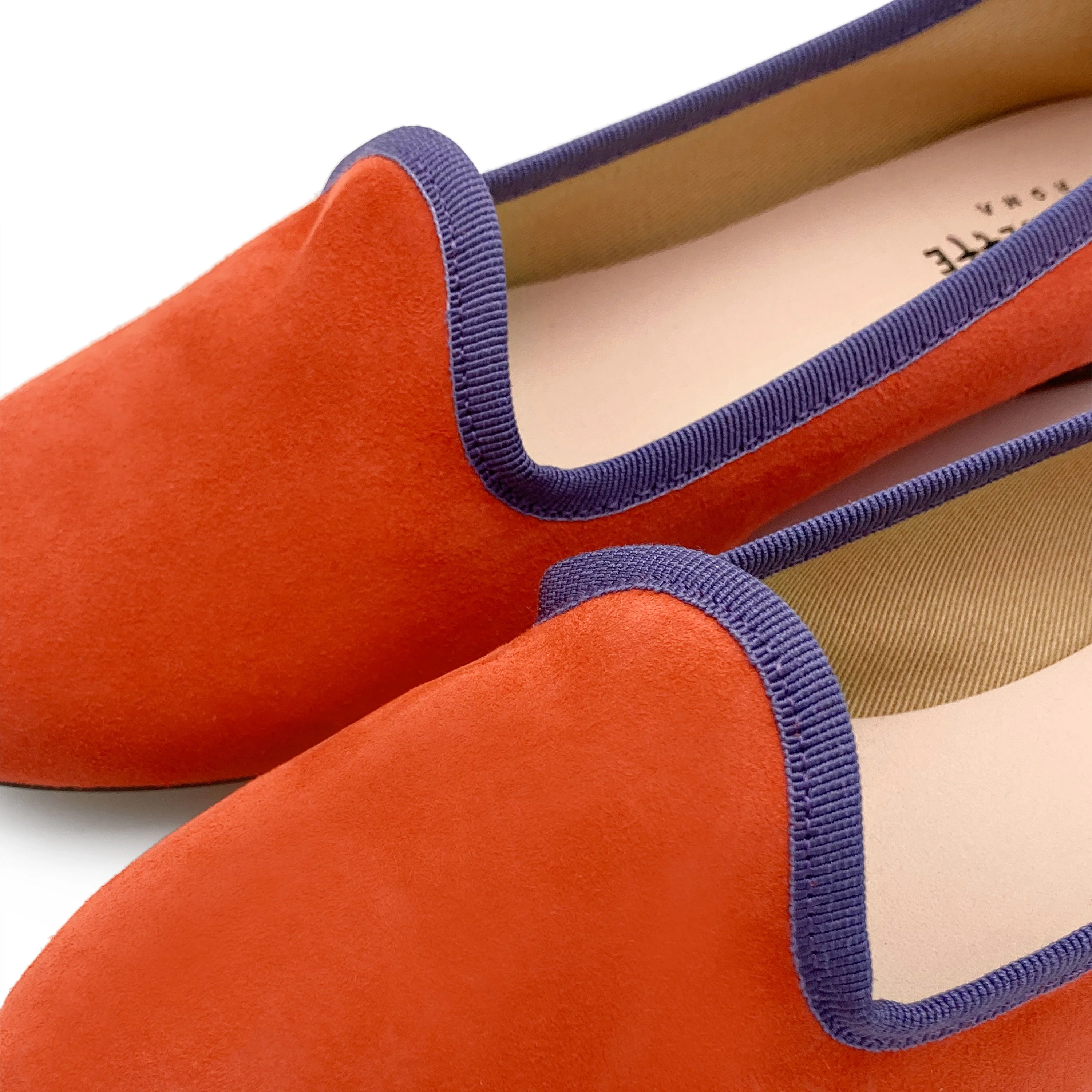 Women's orange suede loafers with purple details - Image 3